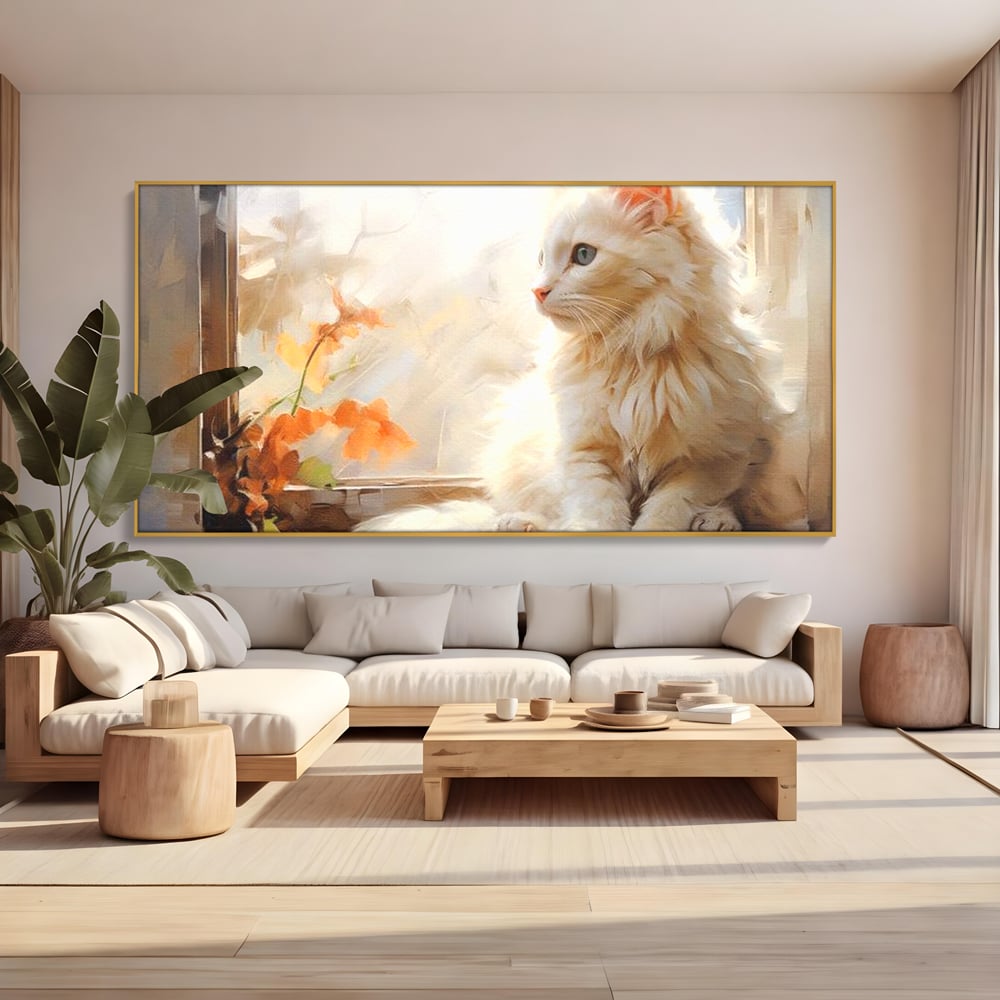 Tablou canvas cu tablou canvas cu pisica alba la fereastra, in rama de aluminiu auriu, pe perete intr-un living